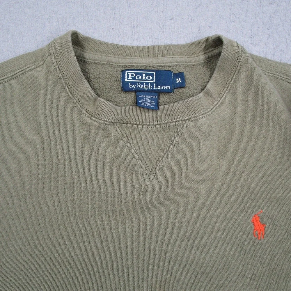 Polo Ralph Lauren Sweatshirt Mens Medium Olive Green Orange Pony Crewneck